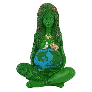 Estátua Deusa Gaia Pequena Verde em Resina 14,5cm – Segurando o Planeta