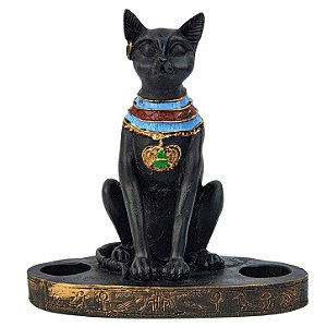 Castiçal Deusa Bastet Gato Egípcio em Resina – Portal da Fertilidade, Proteção do Lar e Fogo Sagrado (13,3 cm)