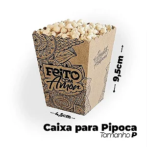 Caixa Kraft para Pipoca e Salgadinhos Feito com Amor P (4,5x6x9,5cm) - Pacote com 50 unidades