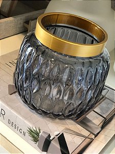 Vaso vidro cinza com detalhe dourado