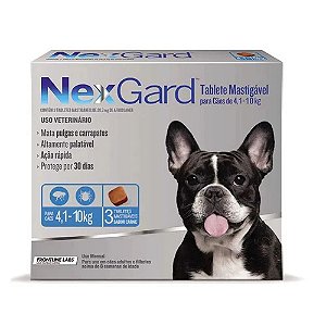 Antipulgas e Carrapatos NexGard Cães de 4,1 a 10kg 3 Tabletes