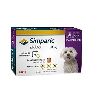 Antipulgas e Carrapatos Zoetis Simparic Oral Cães 10Mg Roxo 2.6 A 5Kg 3 Tabletes