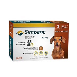 Simparic Antipulgas e Carrapatos Oral Cães 20Mg Vermelho 5.1 A 10Kg 3 Tabletes