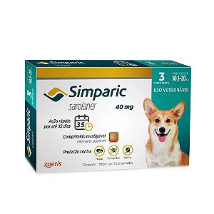 Simparic Antipulgas e Carrapatos Oral Cães 40Mg Azul 10.1 A 20Kg 3 Tabletes
