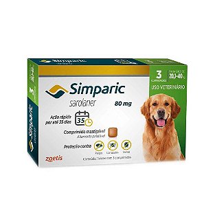 Simparic Antipulgas e Carrapatos Oral Cães 80Mg Verde 20.1 A 40Kg 3 Tabletes
