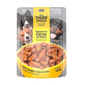 Ração Úmida Three Dog Cães Adultos Médio e Grande Porte Sabor Carne Sachê 100g