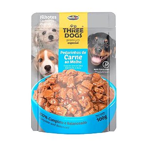 Ração Úmida Three Dogs Cães Filhotes Sabor Carne Sachê 100g