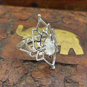 Anel de Prata 925 com Pedra da Lua - Flor de Lótus - L011