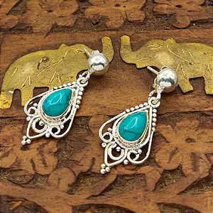 Brinco vintage Gota Prata 925 e Pedra Turquesa - índia