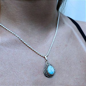 Pingente Prata 925 Bali com pedra natural Larimar - Incrível
