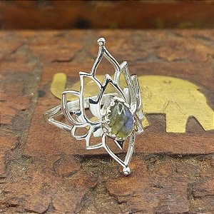 Anel de Prata 925 indiano - Flor de Lótus labradorita - Lançamento