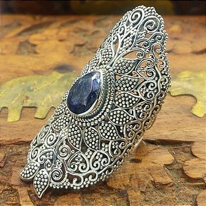 Anel Prata Bali 925 - Pedra Safira Azul - Filigrana - Lançamento