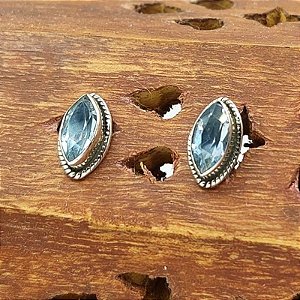 Brinco Navete de Prata 925 Pedra Topázio Azul