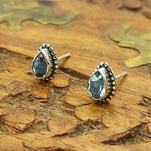 Brinco de Prata 925 Indiano  Gota Topázio Azul