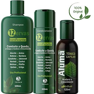 Shampoo 500ml + Condicionador 300ml 12 Ervas + Tônico Alumã