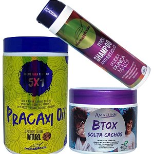 Kit Botox Solta Cachos + Creme Pracaxi Oil + Shampoo Limpeza Profunda