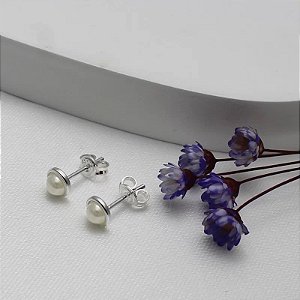 Brinco Prata Perola Cabuchao 6mm