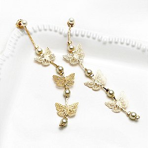 Brinco Base Perola C/ Corrente Borboletas E Perolas