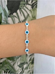 Pulseira em Prata 925 com 4 Pingentes de Olho Grego