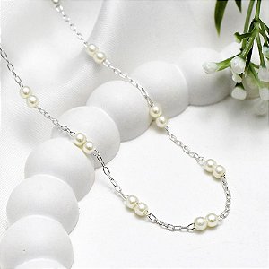 Gargantilha Prata Elo Cadeado C/perolas Intercaladas