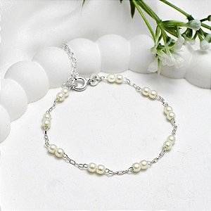 Pulseira Prata Elo Cadeado C/ Perolas Intercaladas
