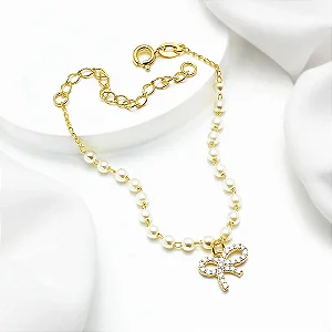 Pulseira 14+4cm Perolas Laço Cravejado
