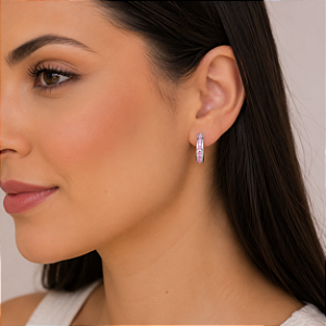 Brinco Meia Argola Encanto Rosa em Prata 925