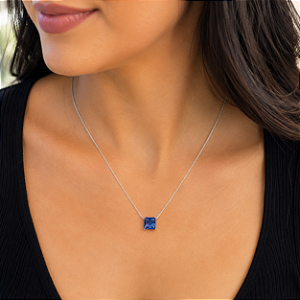 Colar Prata 925 com Pingente Quadrado em Zircônia Azul