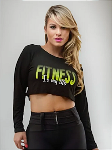 Blusa Curta Manga Longa Preta Amarela