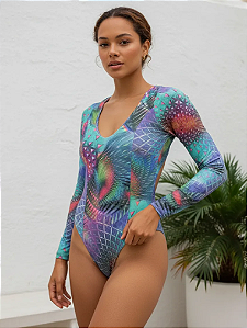 Body Manga Longa Lilás Estampado