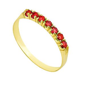 Anel Meia Aliança 7 Pedras Zirconias (vermelho) - Ouro 18k