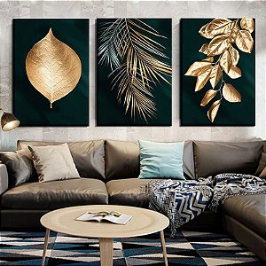 Quadro Decorativo Flores Folhas Douradas \Golden para Sala de Jantar