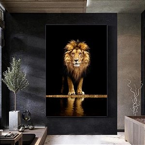 Quadro Decorativo Pintura Leão Dourado fundo Preto