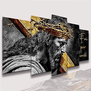 Mosaico 5 Peças para Sala Jesus Cristo Barba Dourada Leão de Juda