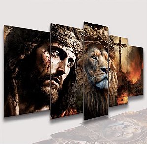 Mosaico 5 Peças para Sala Jesus Cristo Leão de Judá em Chamas