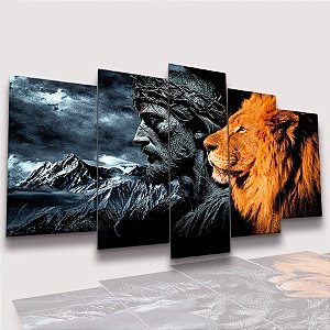Mosaico 5 Peças para Sala Jesus Cristo Leão de Judá no Gelo