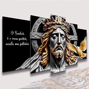 Mosaico 5 Peças para Sala Jesus Cristo Barba Dourada