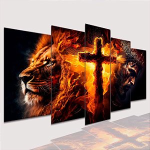 Mosaico 5 Peças para Sala Jesus Cristo Leão de Judá e Cruz No Fogo