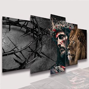 Mosaico 5 Peças para Sala Jesus Cristo Coroa Cinza