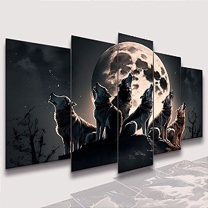 Mosaico 5 Peças para Sala Alcatéias de Lobos Noturnos