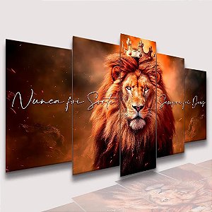Mosaico 5 Peças para Sala Leão com Frases Nunca foi Sorte Laranja