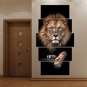 Mosaico 5 Peças para Sala Leão com Fundo Preto