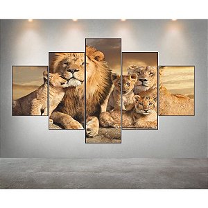 Mosaico 5 Peças para Sala Família de  Leão com 3 filhotes