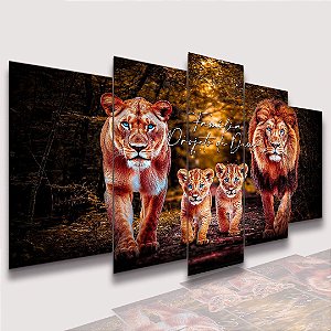 Mosaico 5 Peças para Sala  Família de Leões com 2 Filhotes