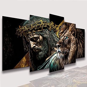 Mosaico 5 Peças para Sala Jesus  com a Cruz e Leão
