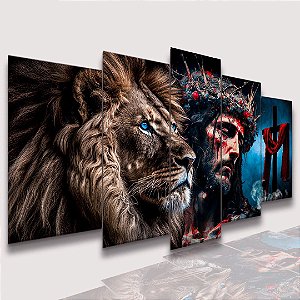 Mosaico 5 Peças para Sala Leão com Jesus e Cruz