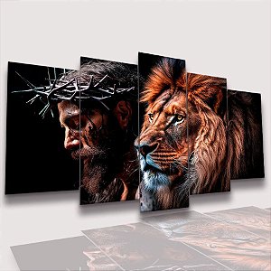 Mosaico 5 Peças para Sala Jesus Cristo e Leão