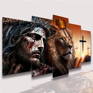 Mosaico 5 Peças para Sala Leão com Jesus e Coroa