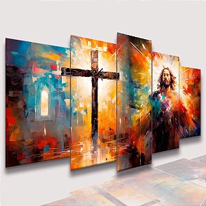 Mosaico 5 Peças para Sala  Jesus e Cruz Color