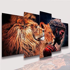 Mosaico 5 Peças para Sala Jesus, Leão e Leoa
